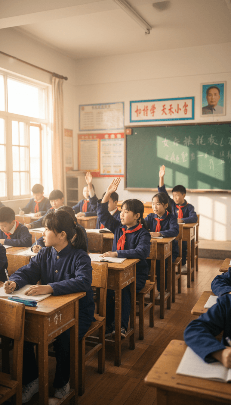 1980s students in navy Chinese school uniforms in a classroom setting