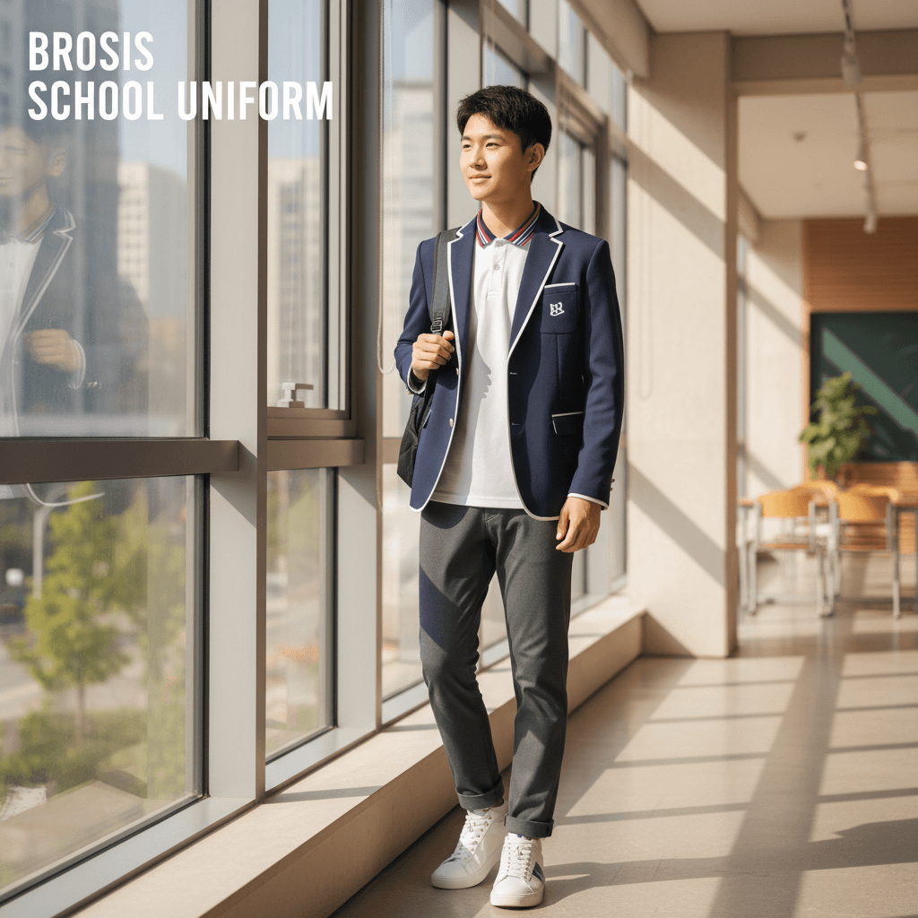 Student wearing contemporary BROSIS SCHOOL UNIFORM in modern school setting with natural light