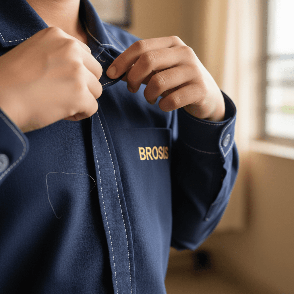 Student adjusting BROSIS uniform collar detail
