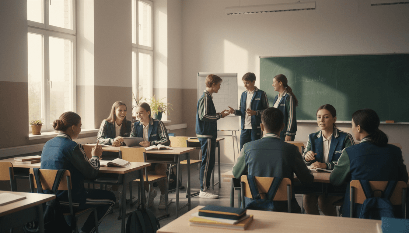 Diverse students in BROSIS school uniforms, naturally positioned in a bright classroom with natural light