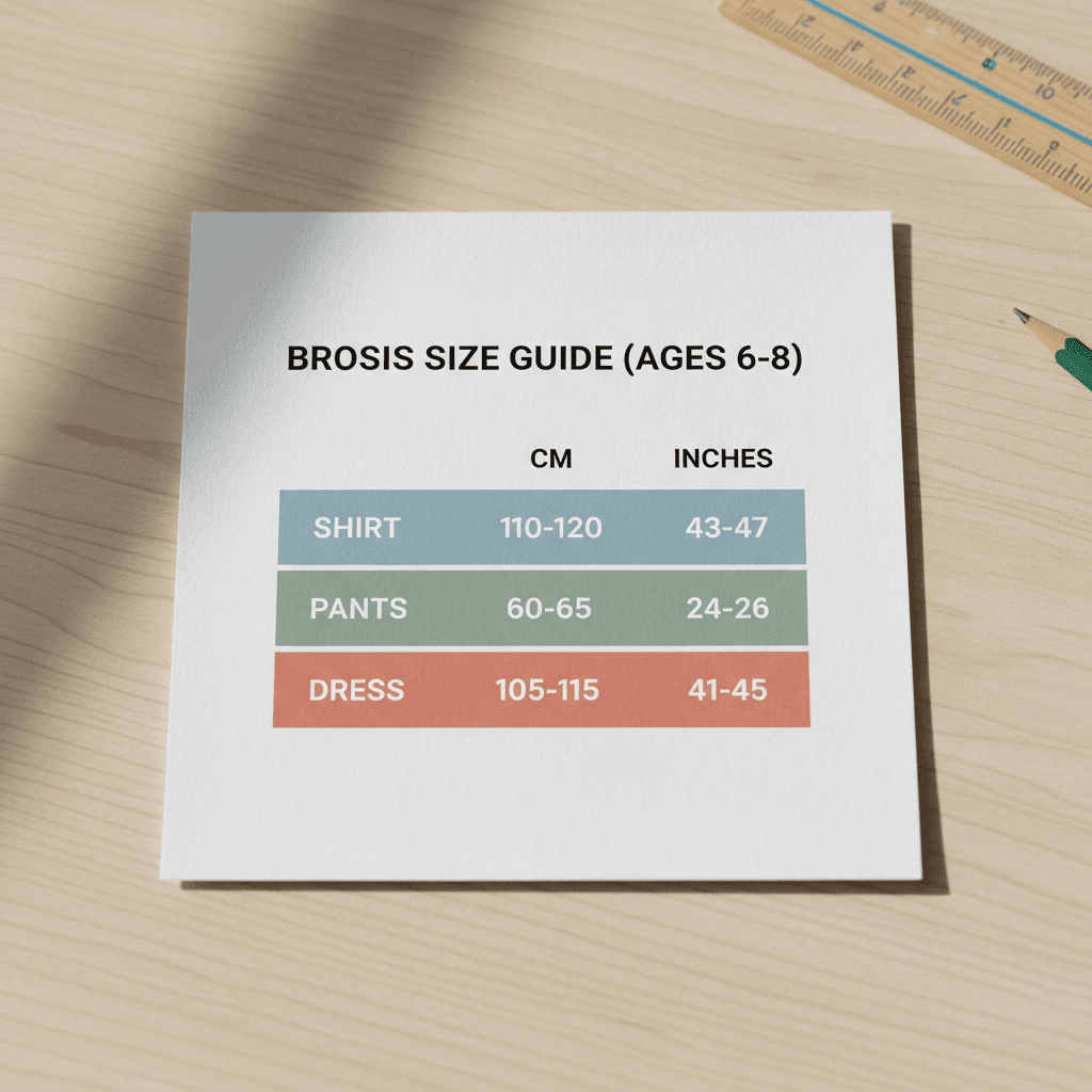 Size chart for ages 6-8 showing measurements for shirts and pants