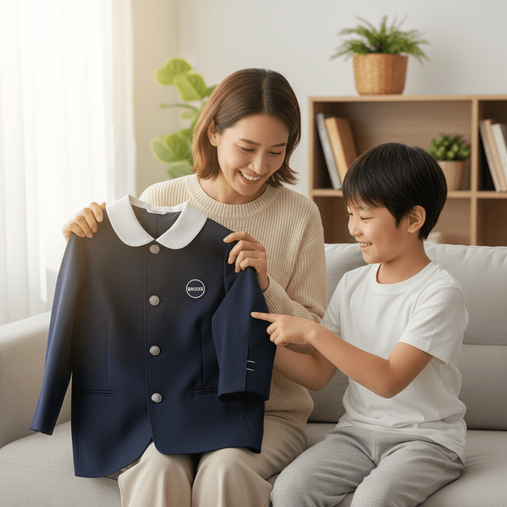 Parent and child examining BROSIS uniform fit and quality together