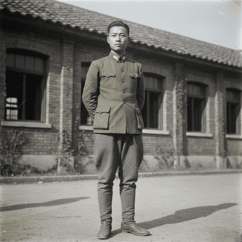 1940s student in military-style tunic uniform