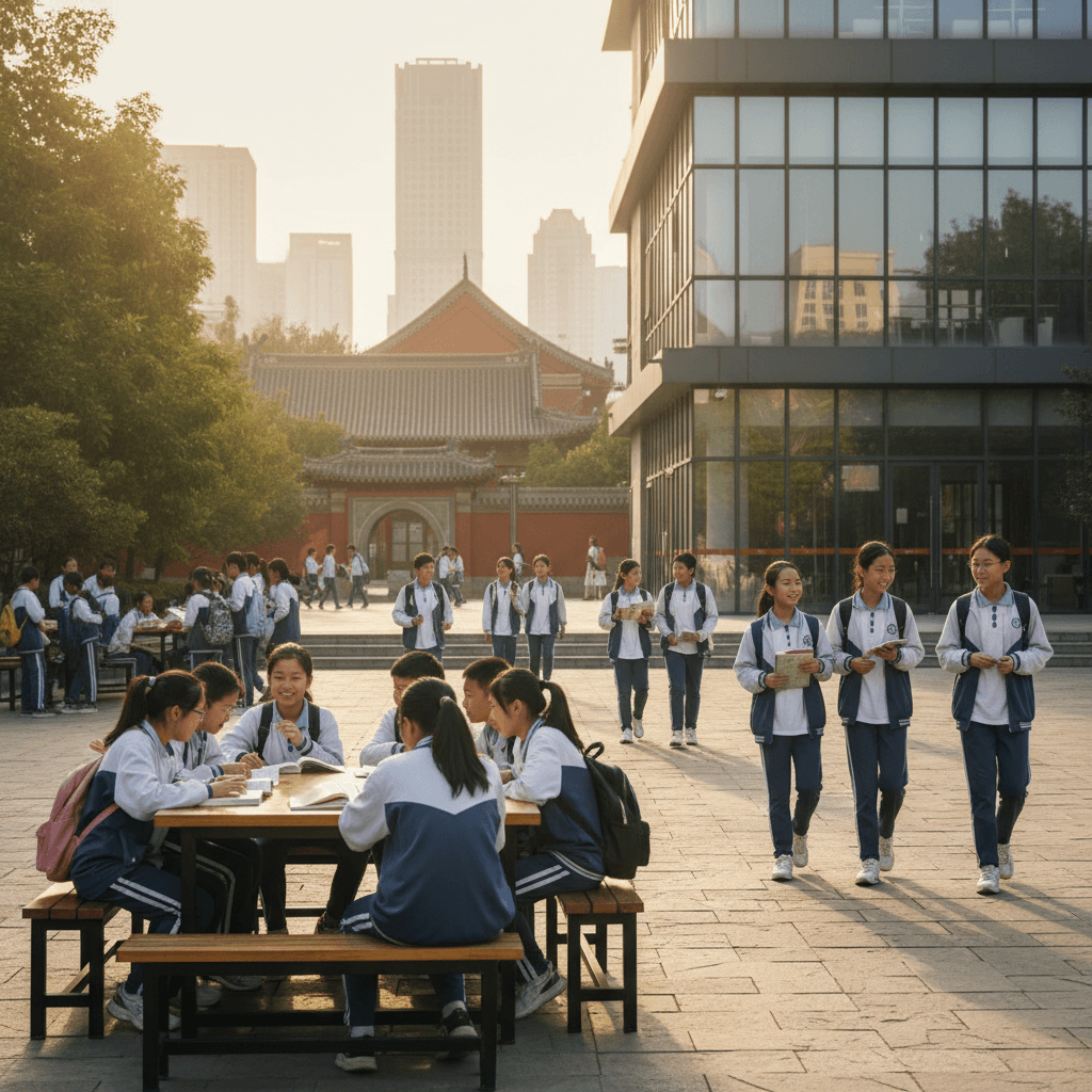 Students wearing modern uniforms in authentic school environment