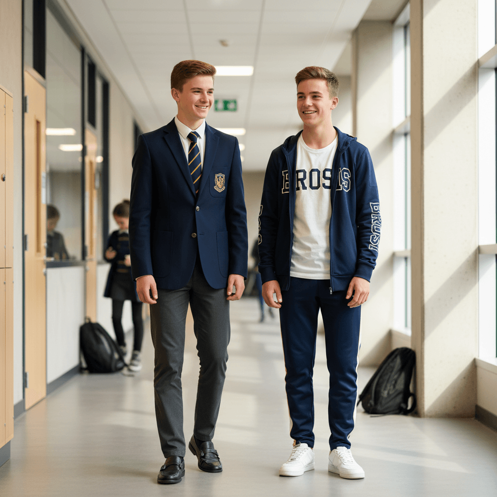Two students wearing different BROSIS uniform styles together