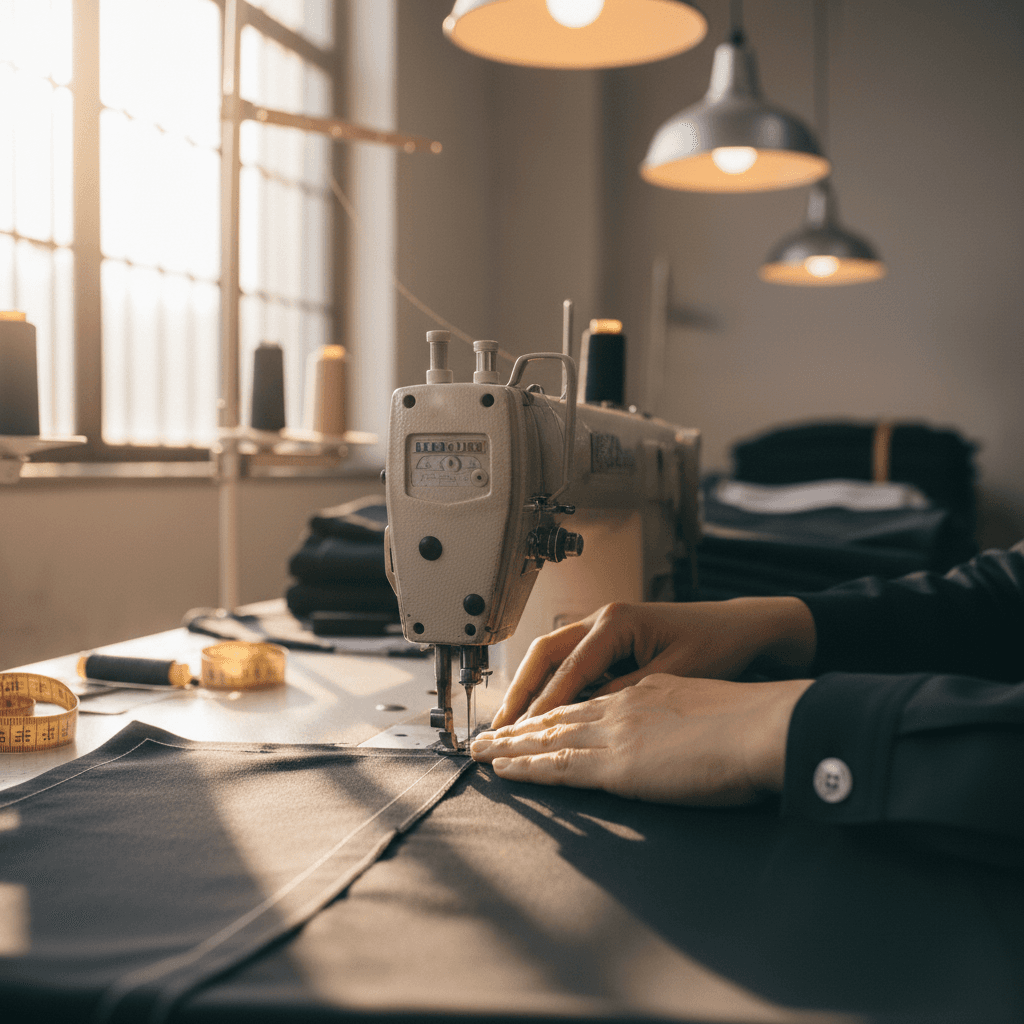 Skilled hands stitching uniform seams in BROSIS Beijing production facility
