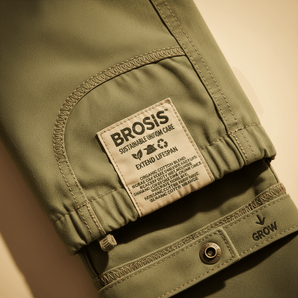 Close-up of BROSIS uniform durability features and sustainable labeling