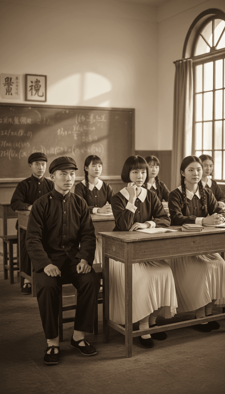 1920s Chinese school uniforms worn by students in a historical classroom setting.