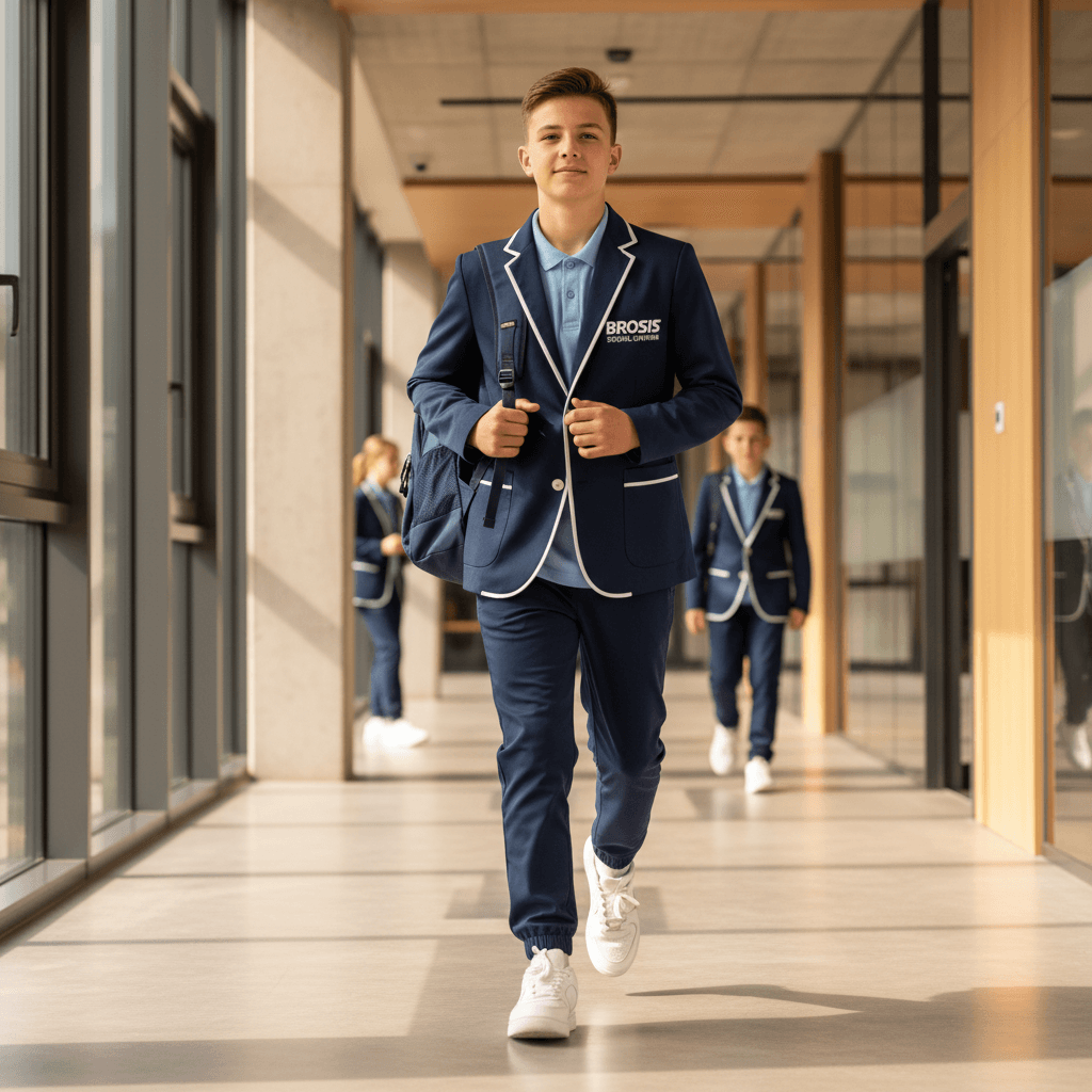 Student wearing sporty school uniform walking naturally in school environment