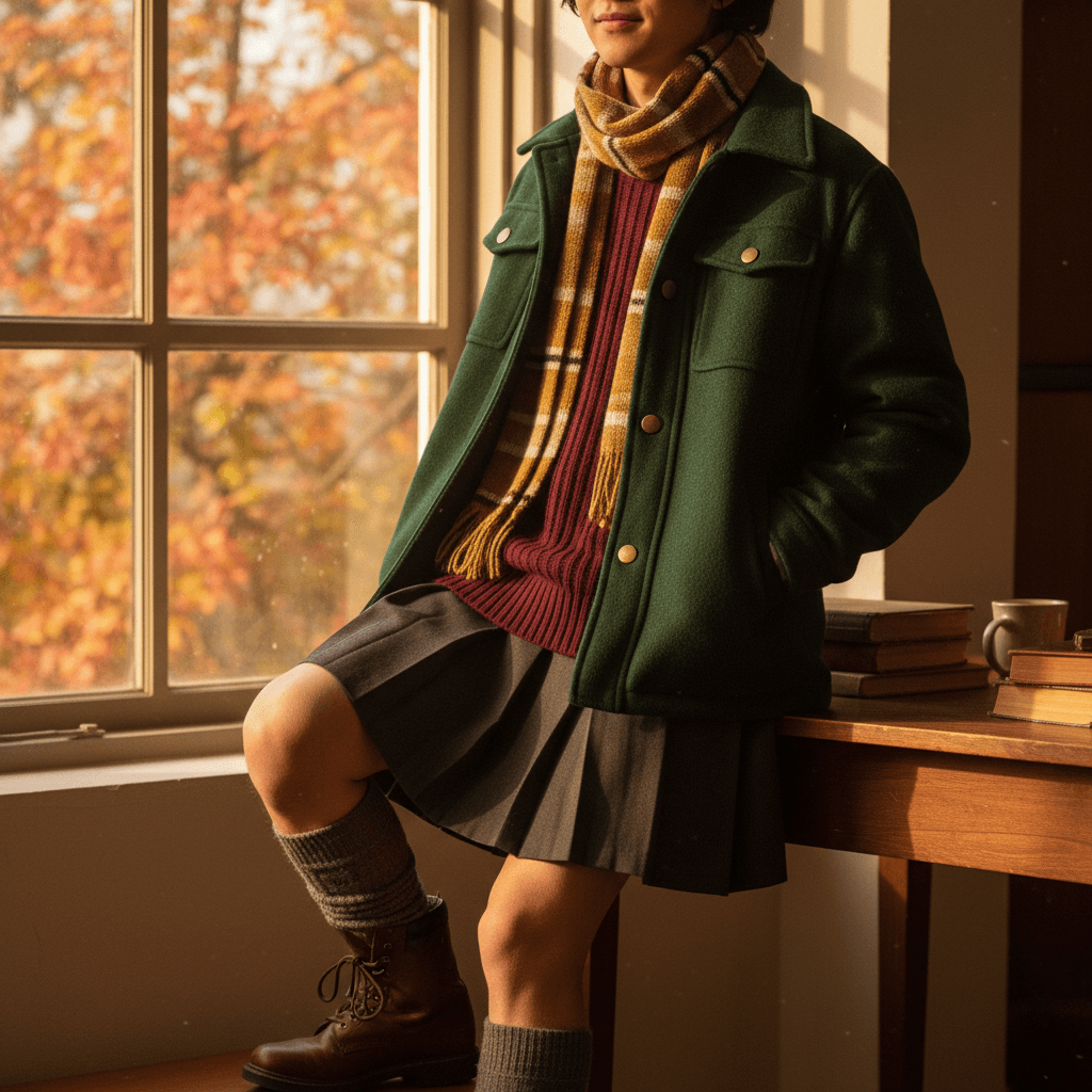 Student in autumn-layered BROSIS uniform with sweater and jacket