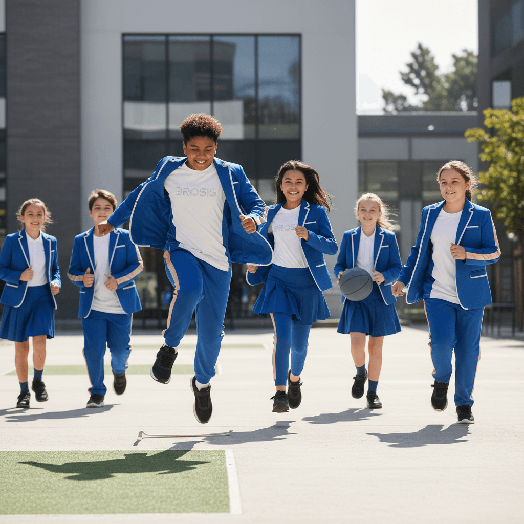 Students actively wearing BROSIS growth-designed uniforms