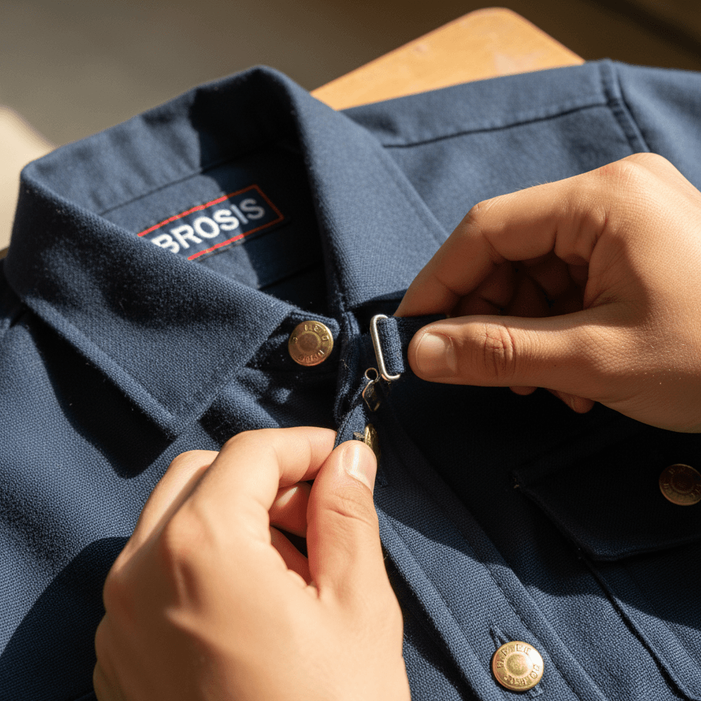 Student's hands adjusting BROSIS uniform details during wear