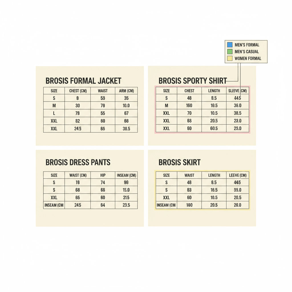 Collection of size charts showing different BROSIS garment types and categories