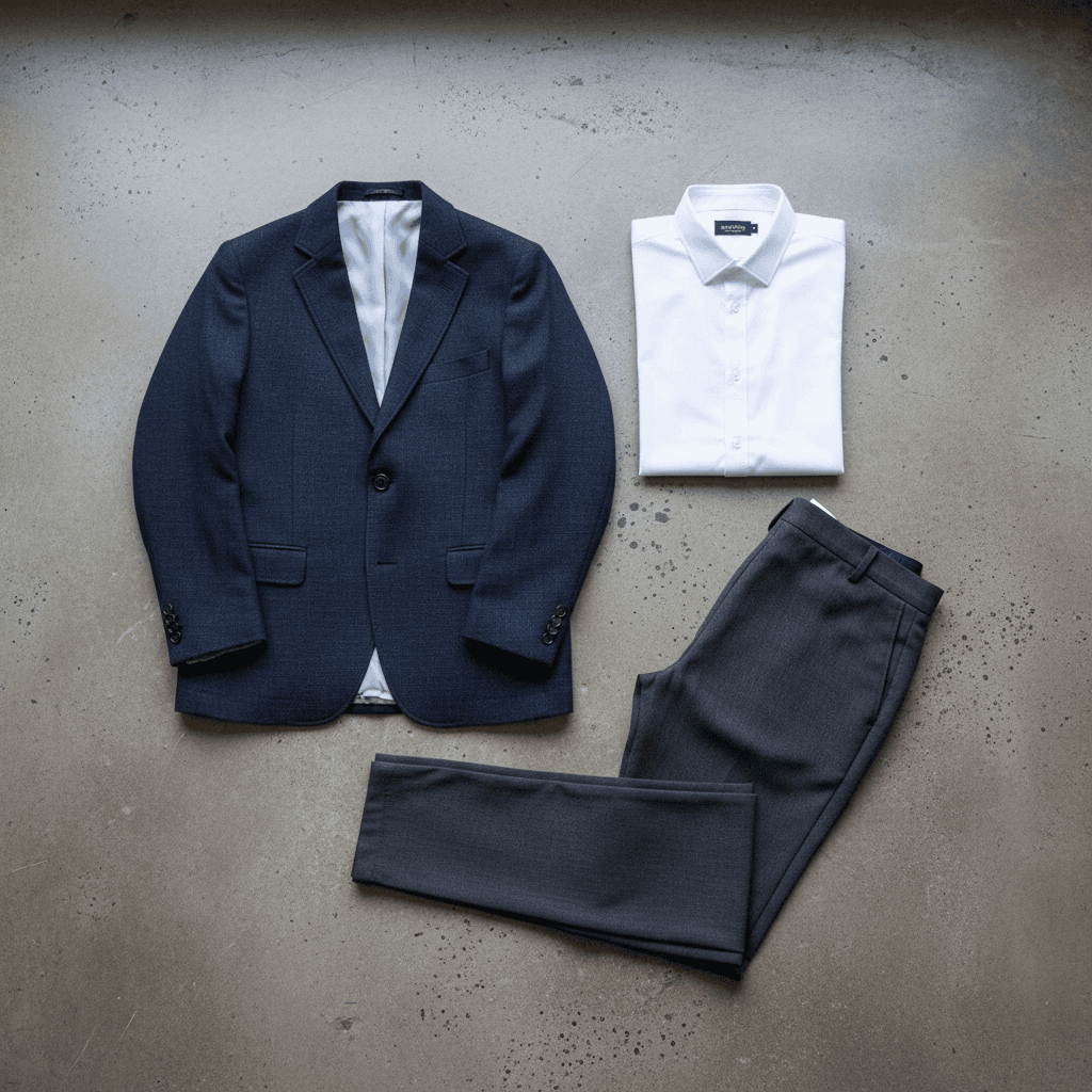 Complete school uniform outfit laid flat showing all components and eco-friendly fabric