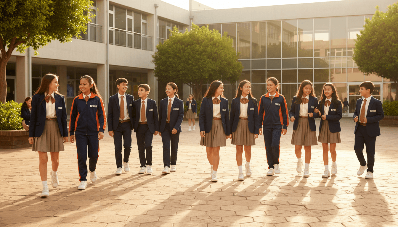 Group of diverse students wearing BROSIS sustainable school uniforms in a modern Beijing school courtyard