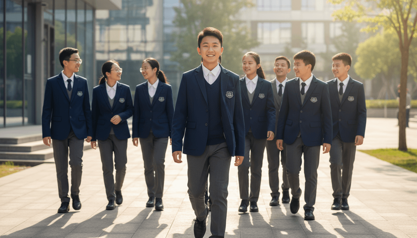 Group of diverse students in BROSIS smart school uniforms walking on a bright campus pathway