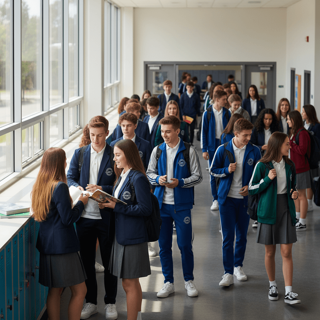 Group of diverse students wearing BROSIS uniforms in school environment