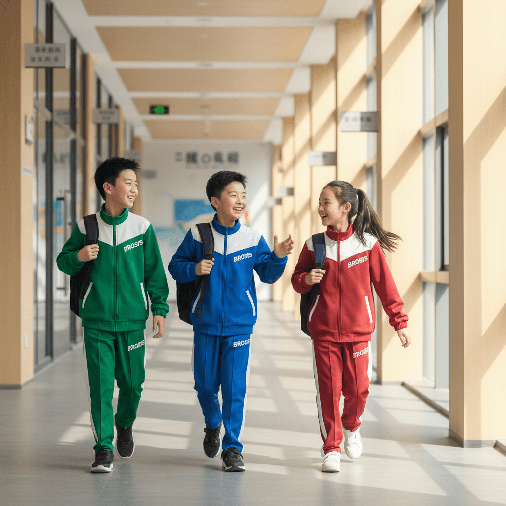Students wearing BROSIS sporty uniforms walking in school corridor