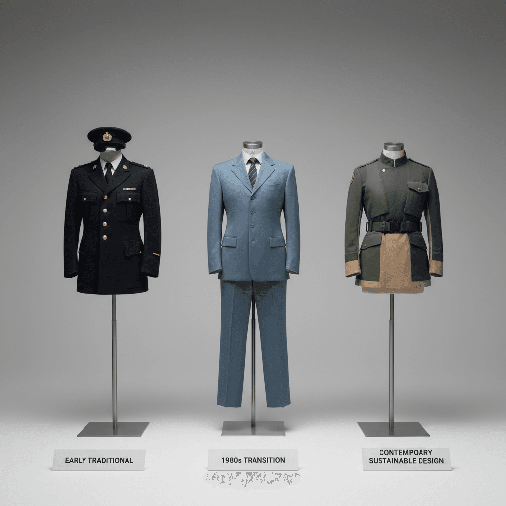 Three-era uniform display showing evolution from traditional to contemporary sustainable design