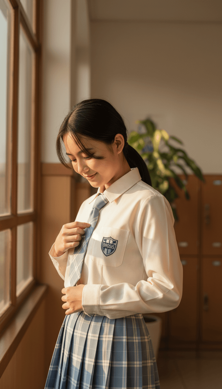 Student in BROSIS school uniform smiling by window with natural light