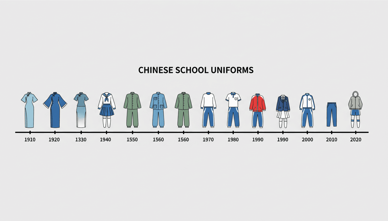 Chinese school uniforms evolution timeline from 1910 to 2020 illustration.