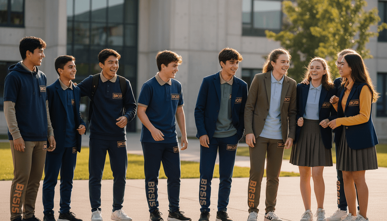 Diverse students wearing BROSIS uniforms smiling and standing together outdoors in natural daylight