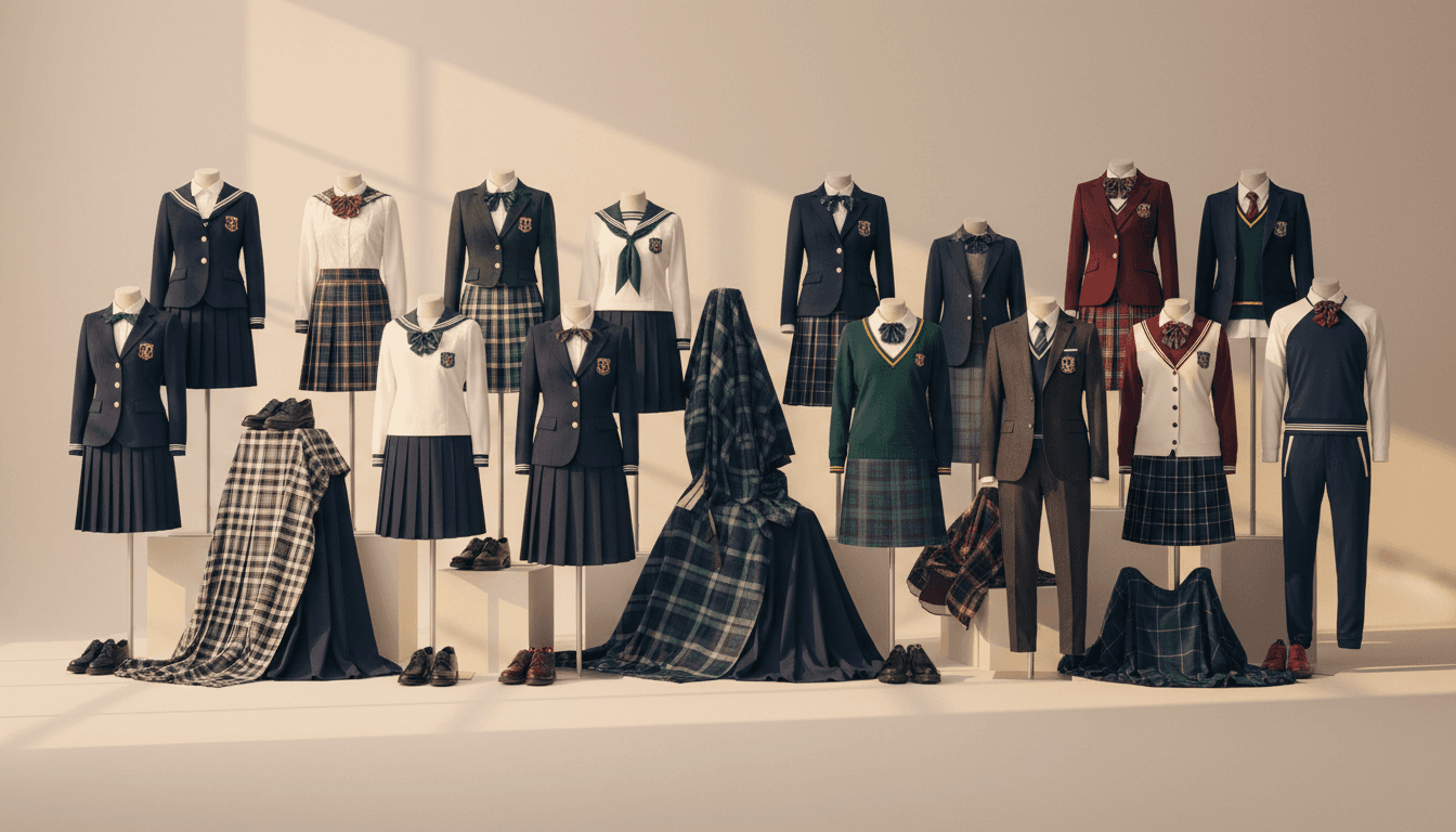 A curated collection of school uniforms from Eastern and Western cultures arranged in artistic display, showing the evolution of educational attire across generations