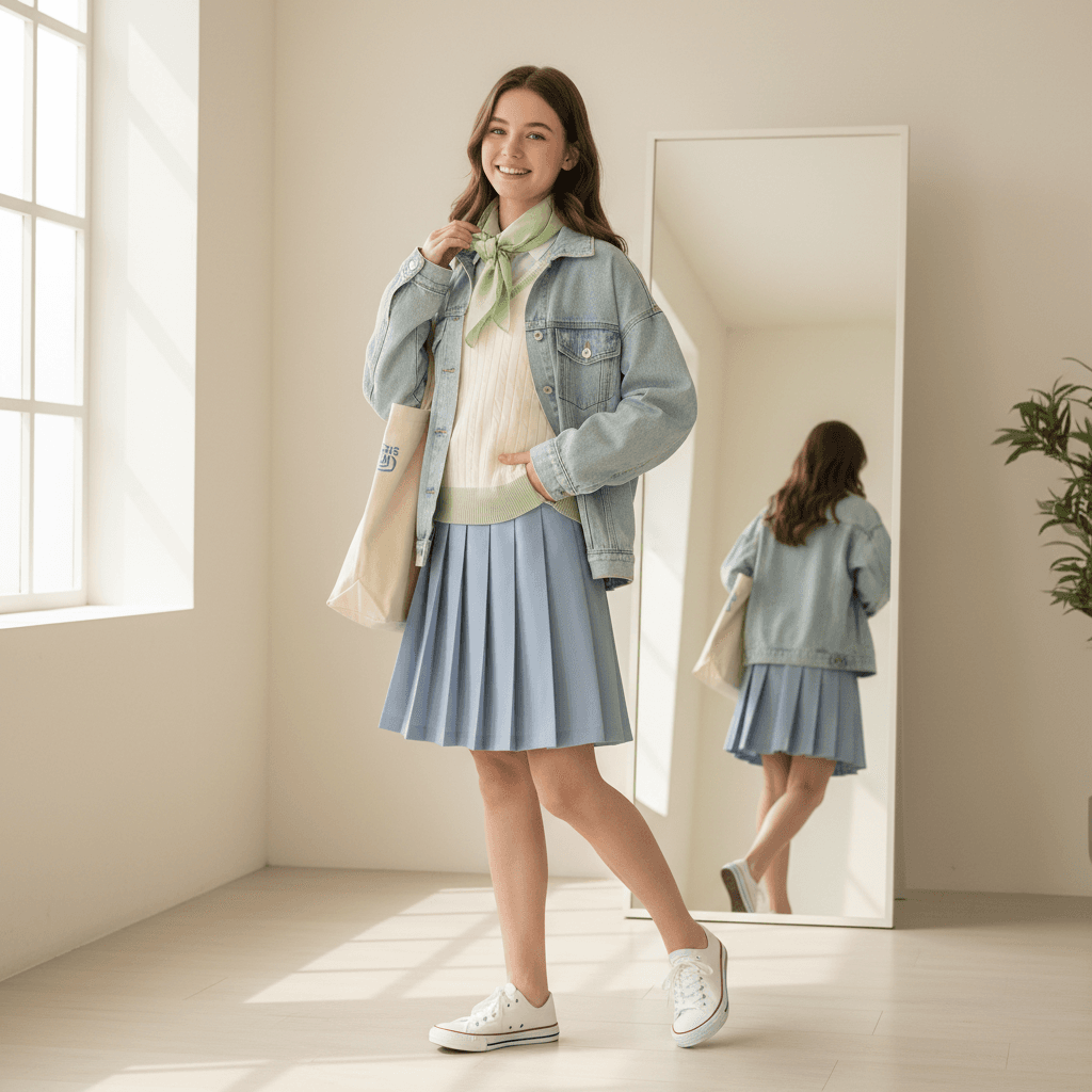 Student wearing spring-styled BROSIS uniform with light layers