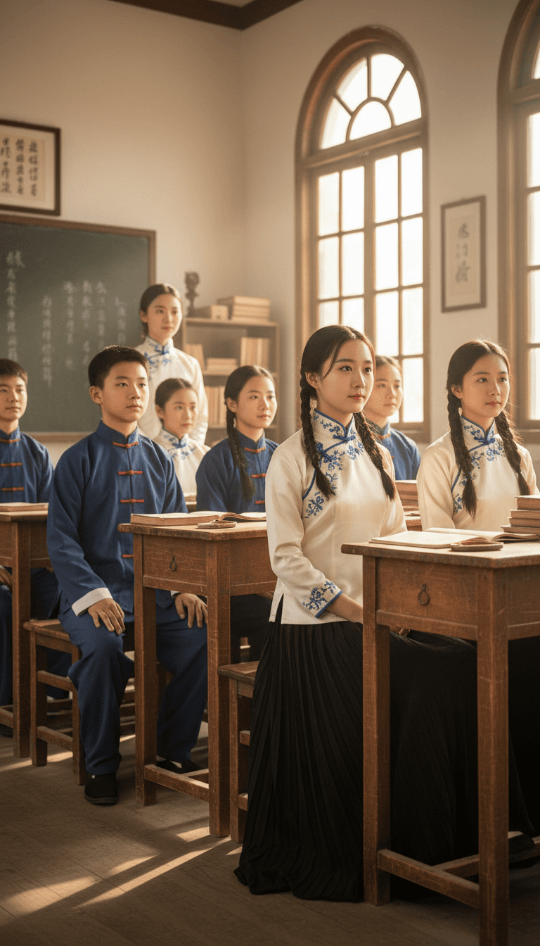 Republic-era classroom with students in traditional Chinese uniforms