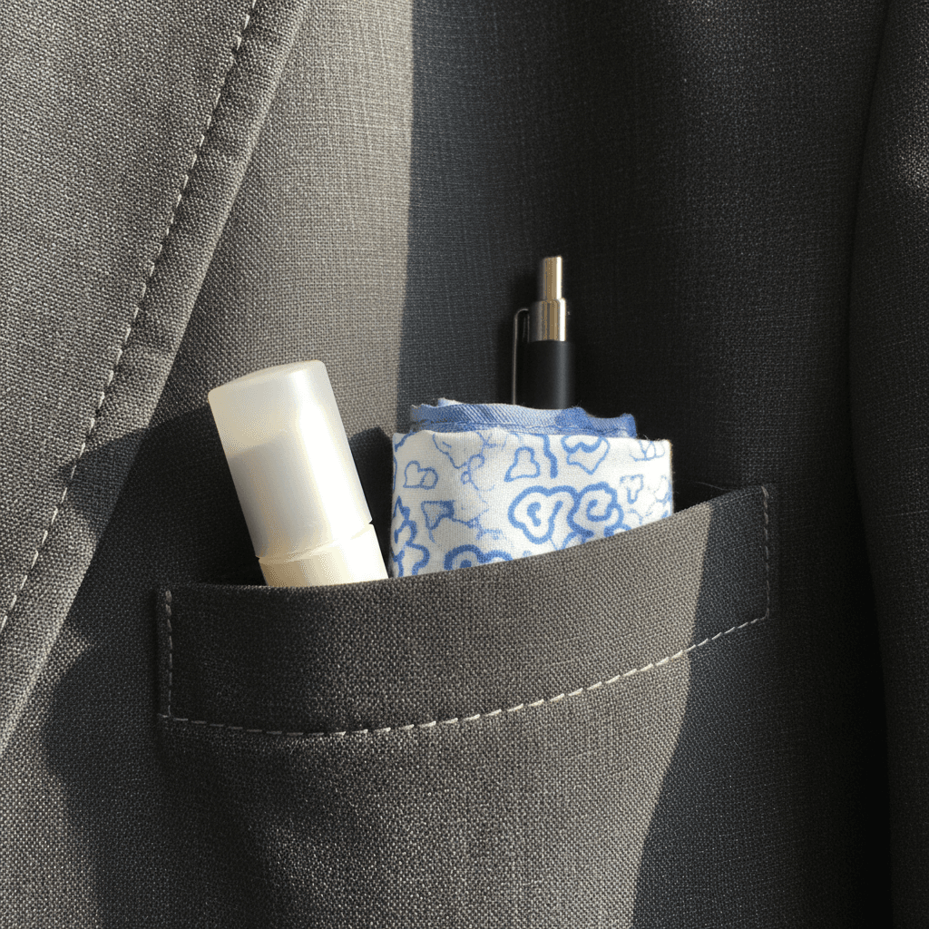 Close-up of BROSIS uniform pocket showing hidden storage solution