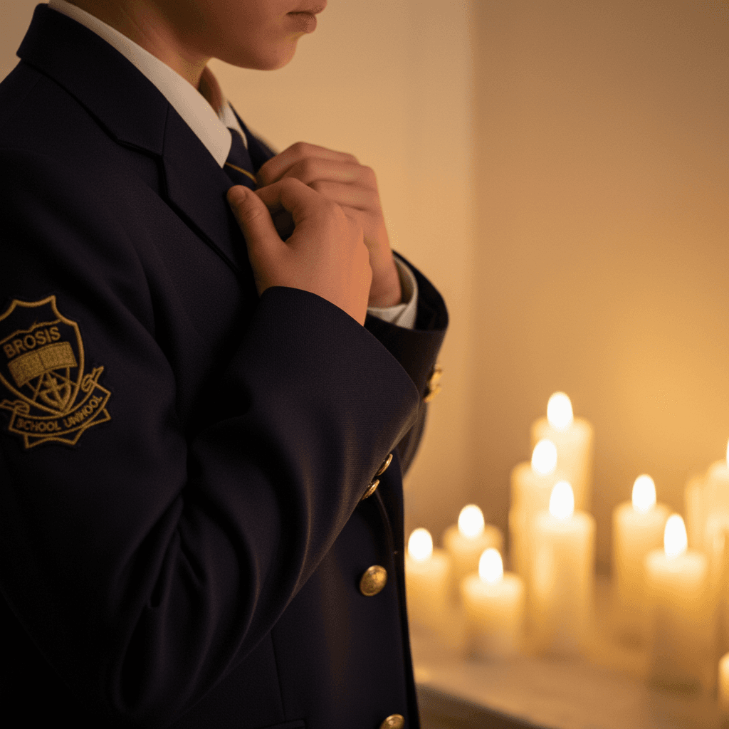 Student adjusting formal school uniform blazer showing quality tailoring details