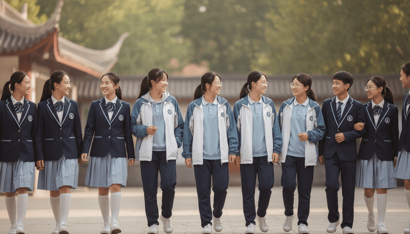 Diverse students wearing BROSIS school uniforms in candid, natural moments at school