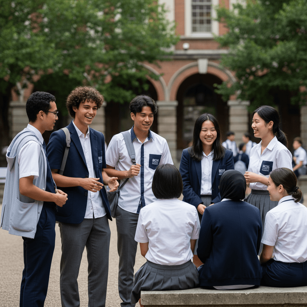 Group of students in BROSIS uniforms in school courtyard