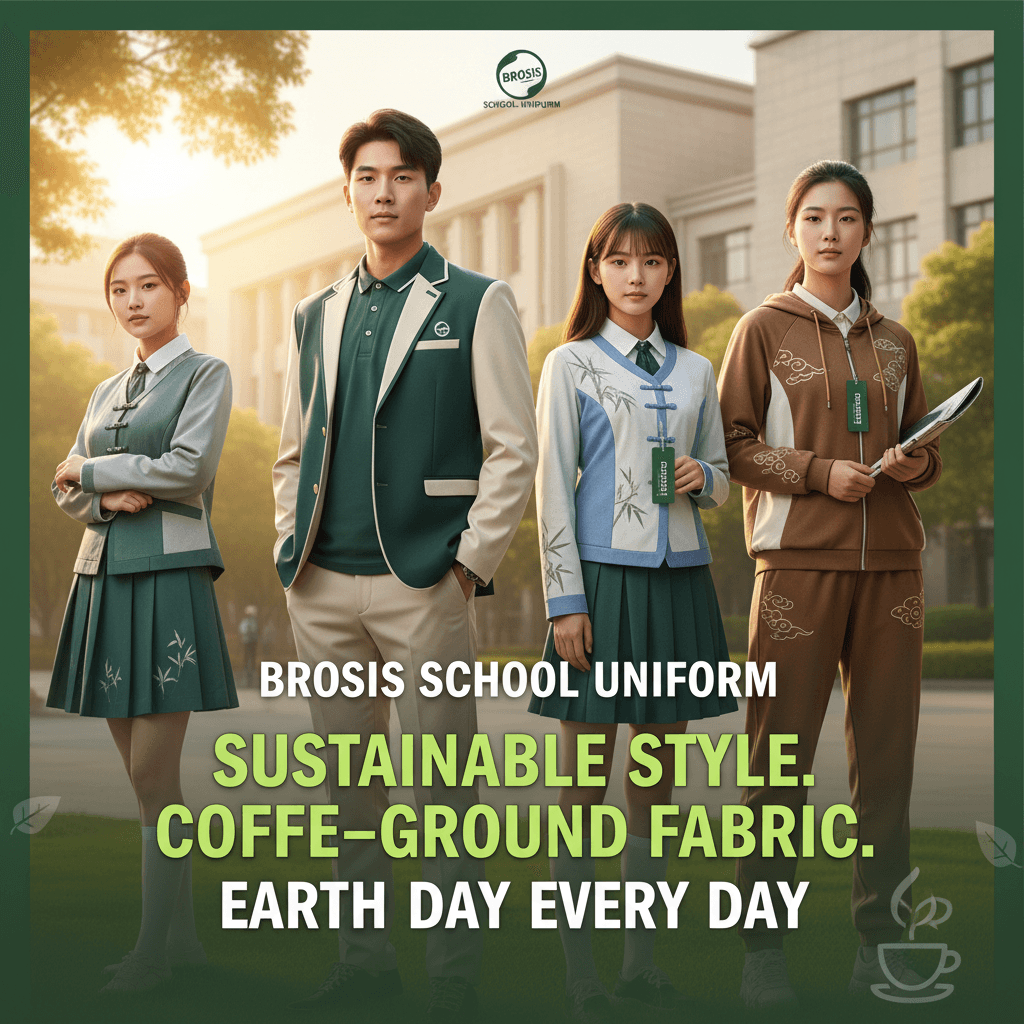Earth Day poster featuring eco-friendly school uniforms and lush campus greenery