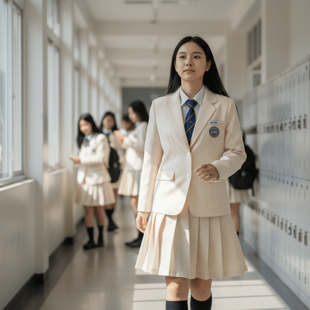 Student walking in school hallway wearing BROSIS uniform