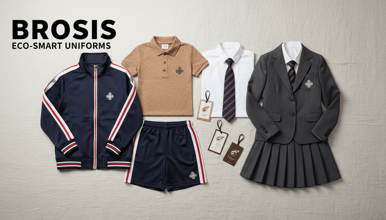 BROSIS school uniforms on linen, showcasing sporty and formal eco-friendly styles.