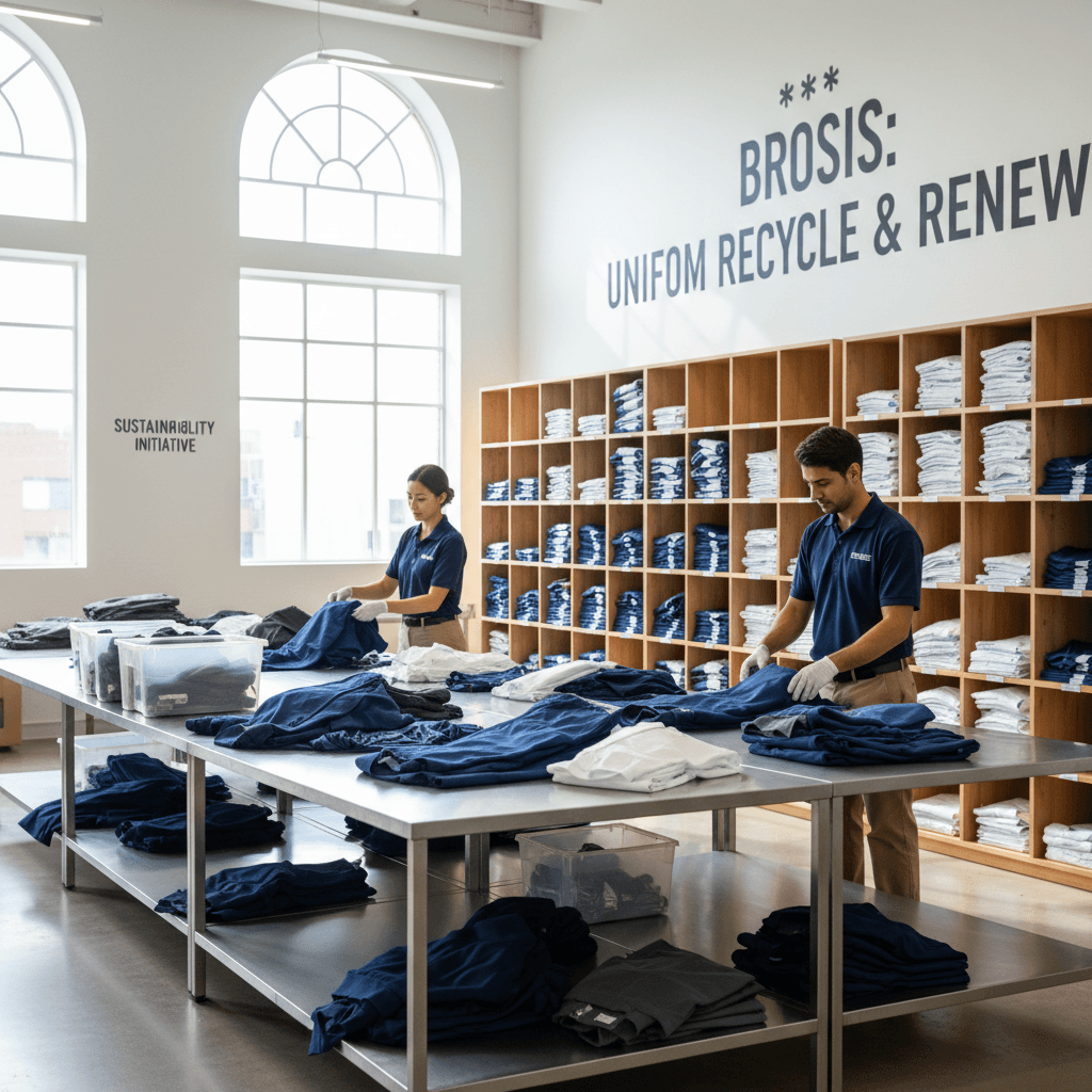 Employees organizing trade-in school uniforms in a modern facility, emphasizing sustainability.