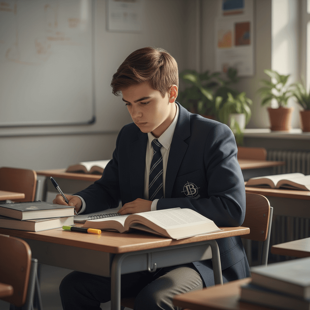 Student in formal BROSIS uniform studying at school desk