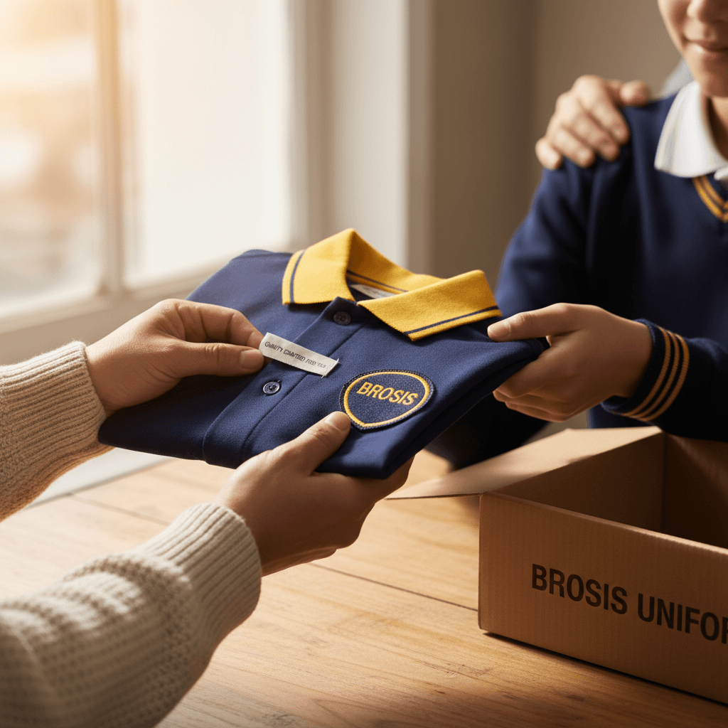 Delivery and fitting moment, handing uniform to student or parent