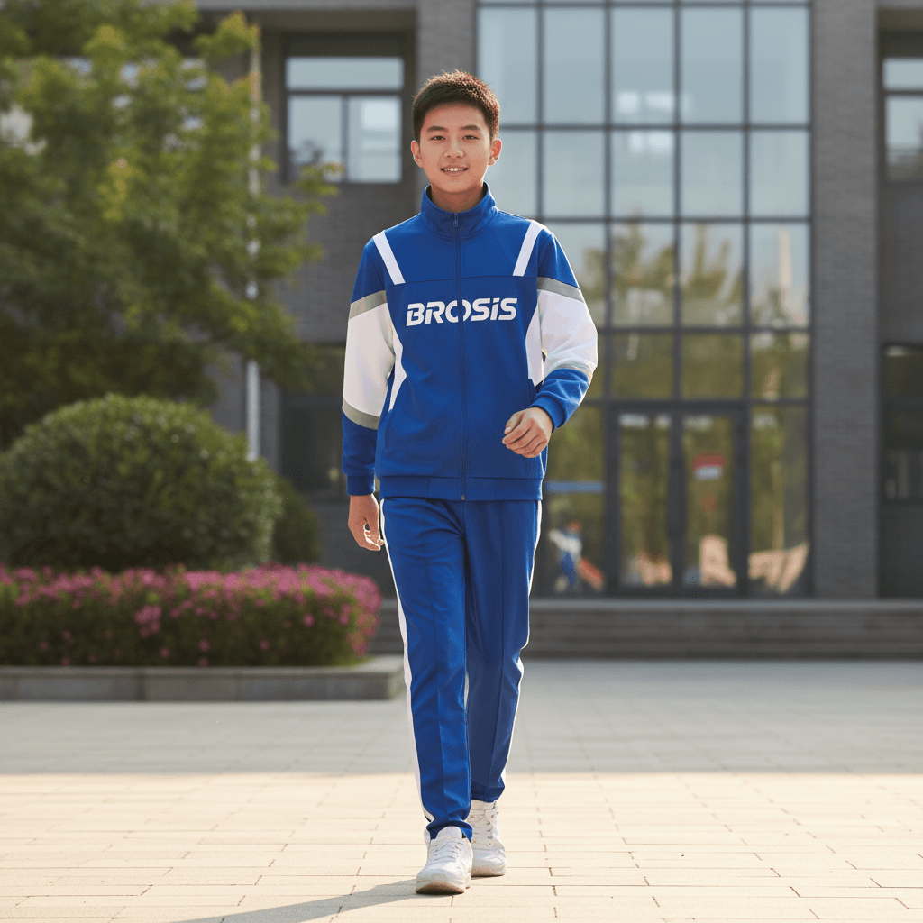 Student in sporty BROSIS uniform walking through school courtyard