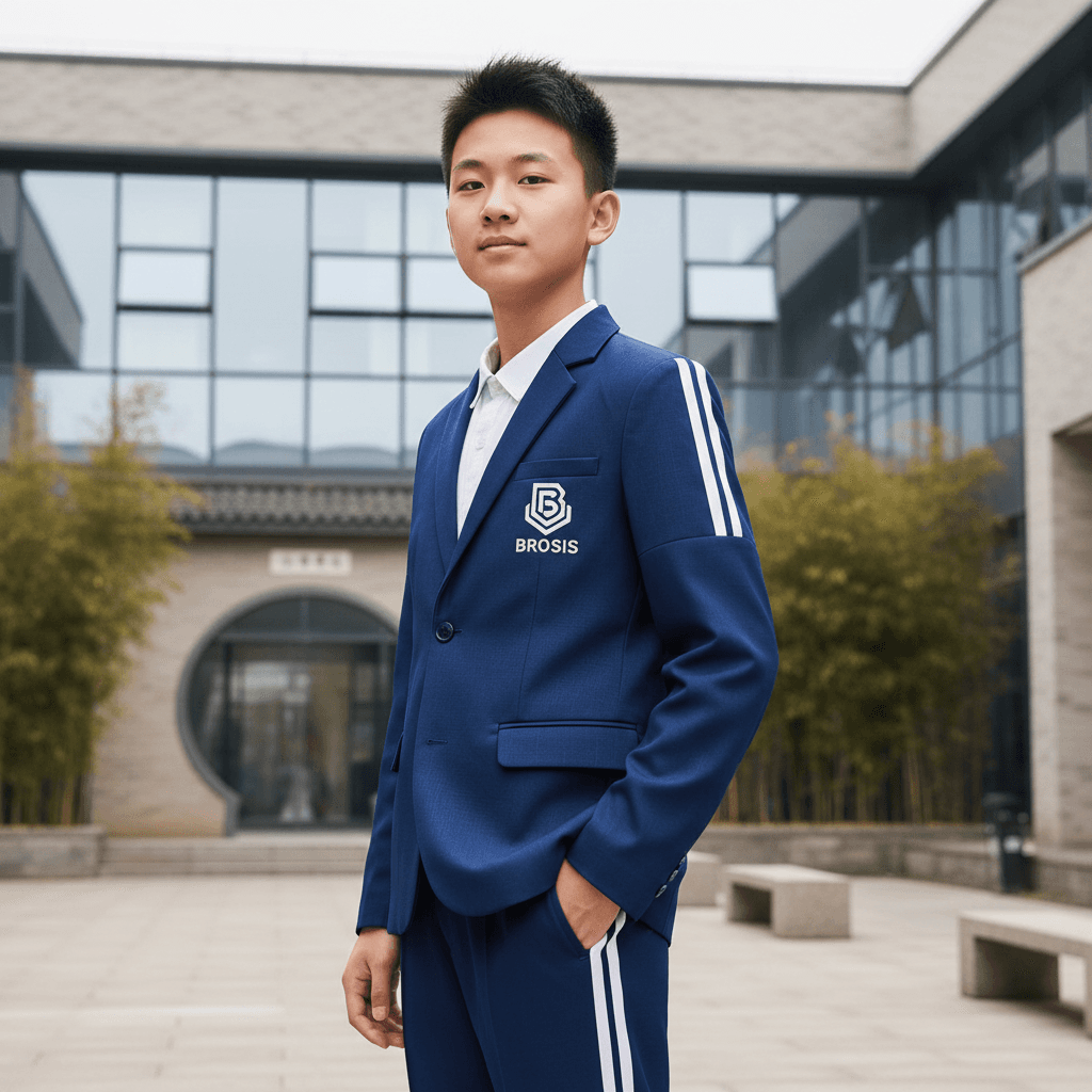 Student in sporty formal school uniform with eco-friendly fabric