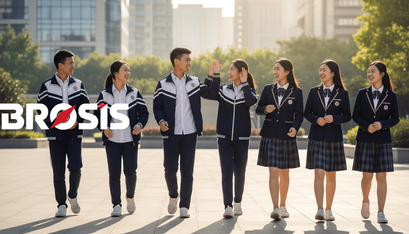 Students wearing BROSIS eco-friendly school uniforms in various styles, demonstrating growth-oriented design and sustainable fashion
