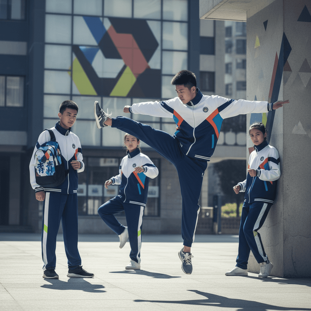 2010s students in modern geometric color-blocked uniforms