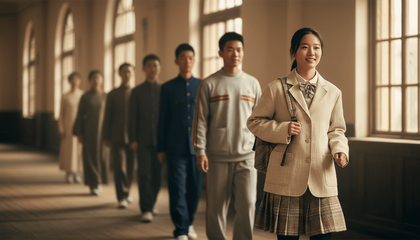 Timeline of Chinese school uniforms showing evolution from historical styles to modern sustainable designs by BROSIS SCHOOL UNIFORM