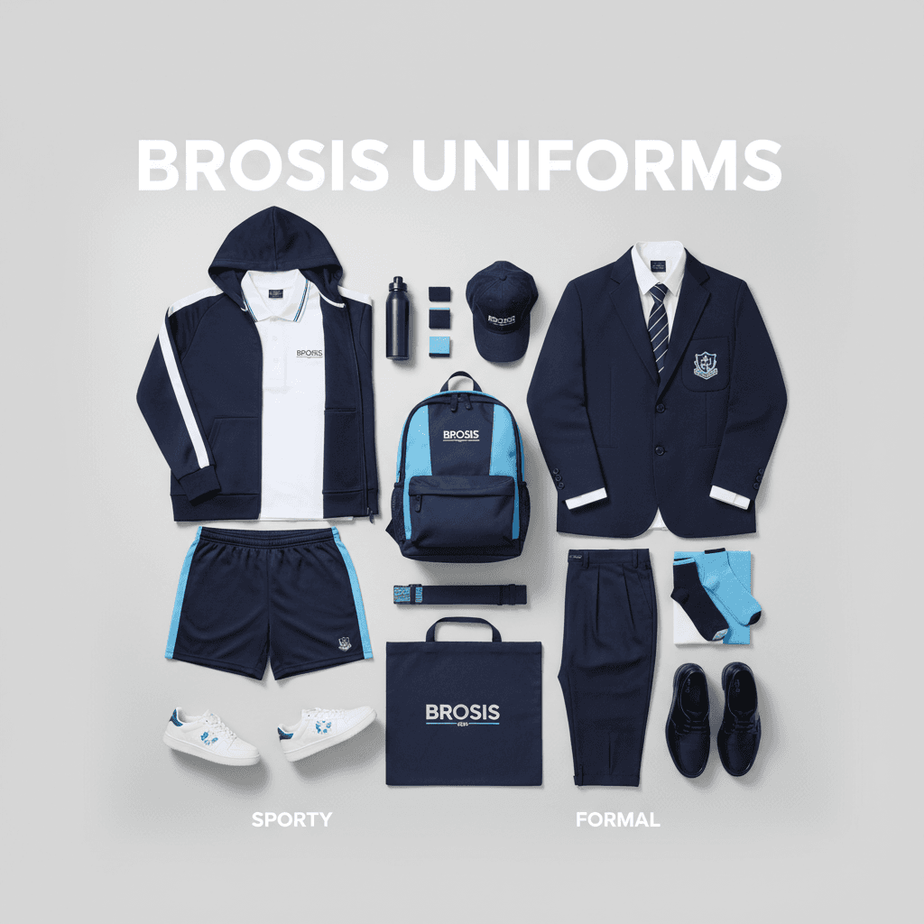 Flat-lay display of BROSIS uniform collection styles