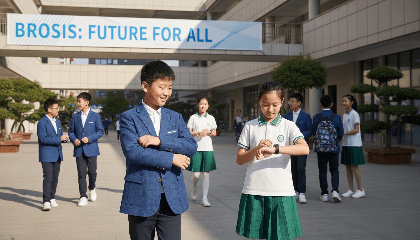 Students wearing BROSIS school uniforms in a bright Beijing courtyard