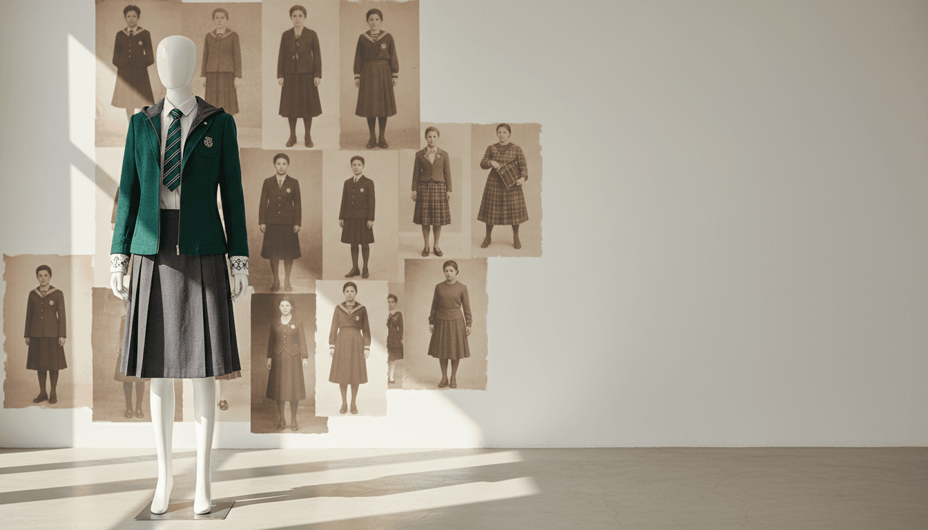 Modern sustainable school uniform on mannequin with historical uniforms softly blurred in background