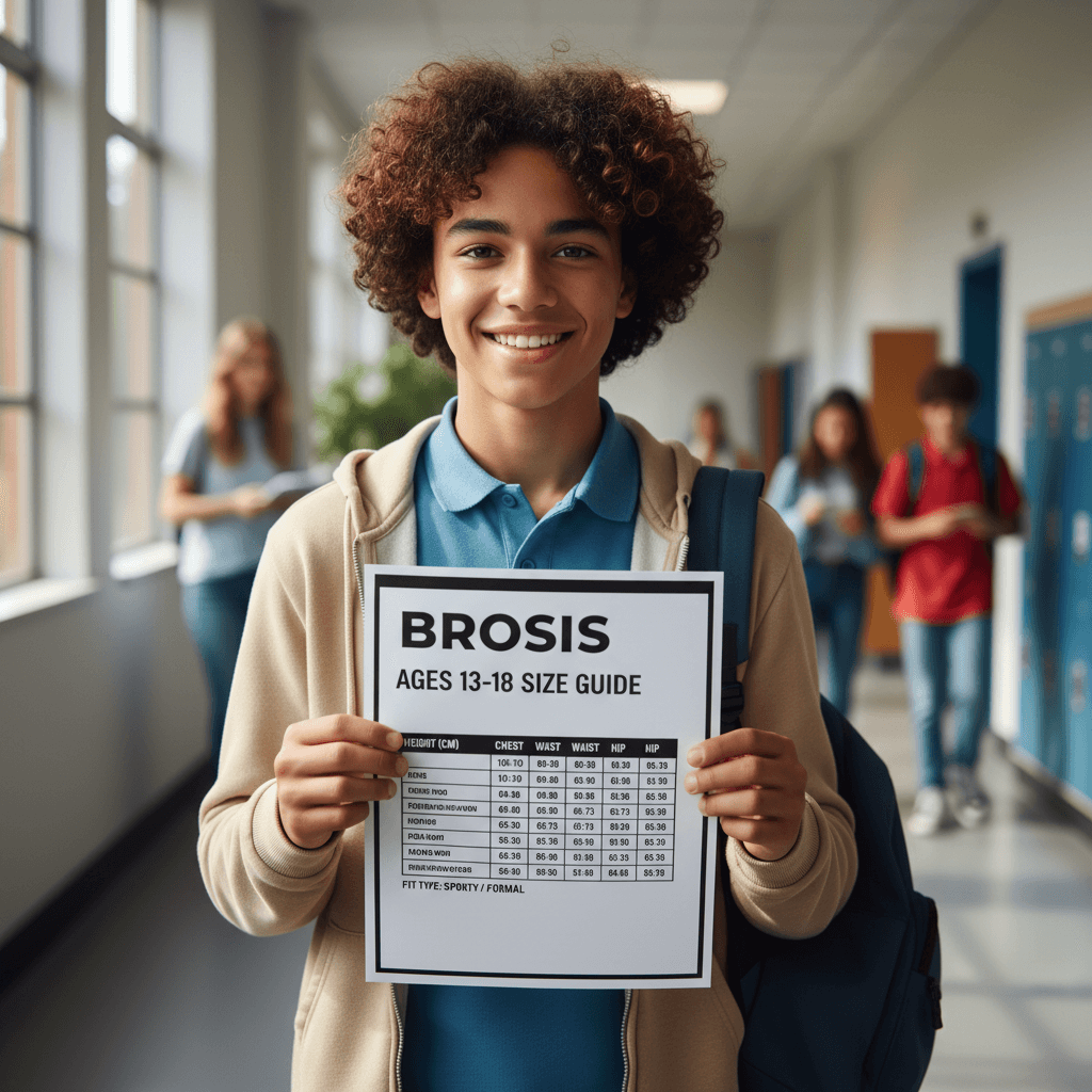 Teen student reviewing size chart for ages 13-18