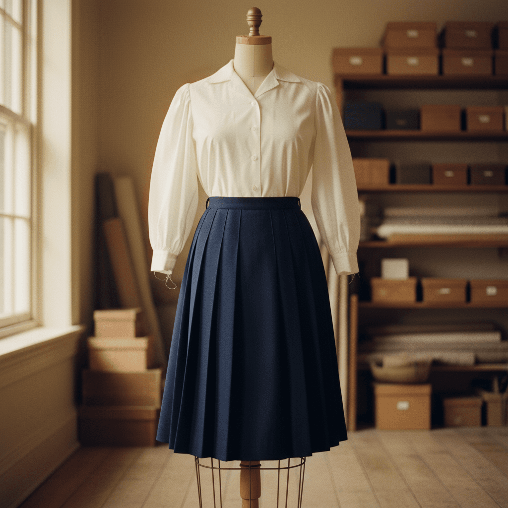 1950s traditional school uniform with white blouse and navy pleated skirt