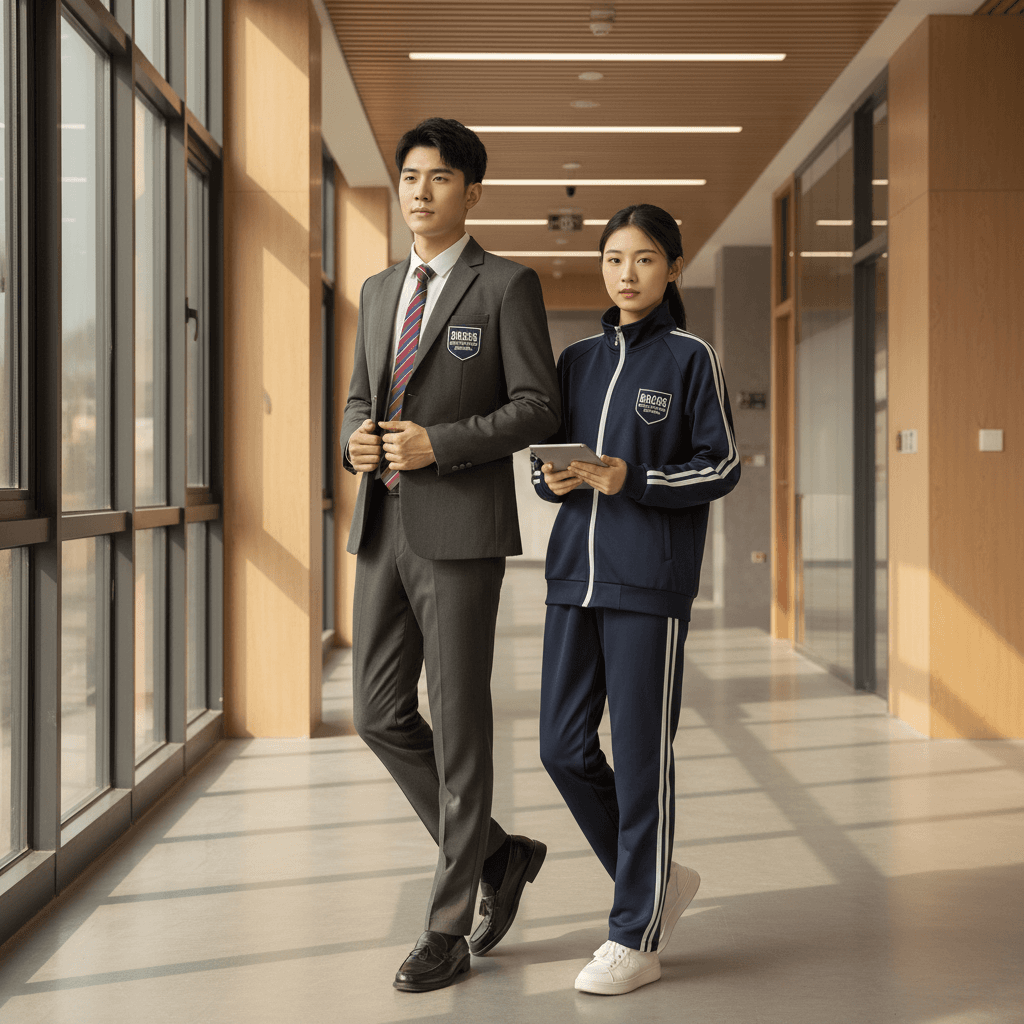 Two students wearing different BROSIS styles showing formal and sporty uniform options